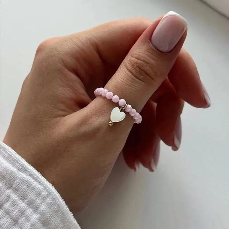 Women's Cute Round Floral Beaded Ring - Dainty Elastic Alloy Band, Adjustable Stackable Costume Jewelry Fashion Gift for Women