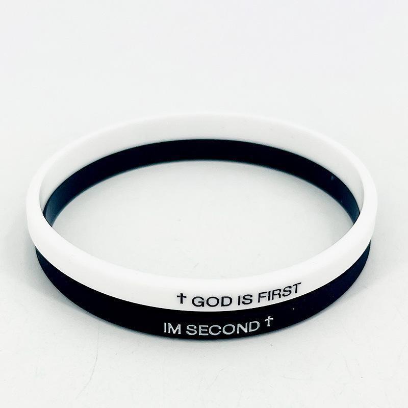 God Is First I Am Second Silicone Stretchy Bracelet - Cross Pattern, Sweatproof Elastic One Size Wristband with Motivational Bible Verses, Religious Jewelry Gift for Women