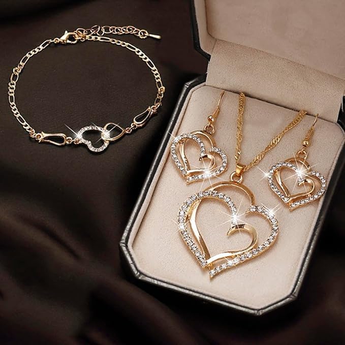 4PCS/Pack Luxury Double Heart Jewelry Set for Women, Hollow Big & Small Heart Crystal Zircon Necklace Earrings Bracelet Set, Elegant Gold Wedding Jewelry Valentine's Day Gifts
