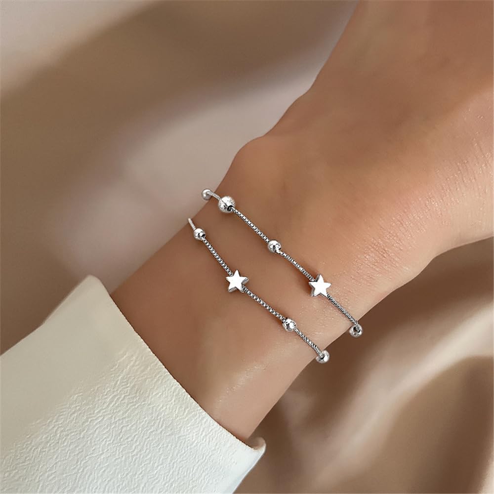 925 Sterling Silver Layered Heart Beaded Bracelets for Women Teens Link Chain Bracelet Fashion Jewelry Gifts