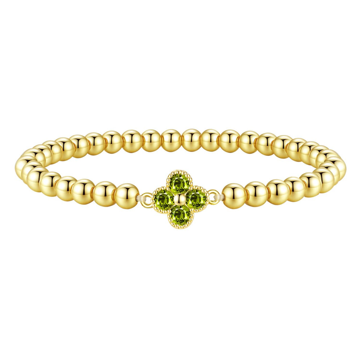 Birthstone Gold Bracelets for Women Non Tarnish Elastic 14K Gold Plated Bead Bracelets Trendy CZ Clover Bracelet Stackable Friendship Bracelets Dainty Jewelry Gifts for Mom Best Friend