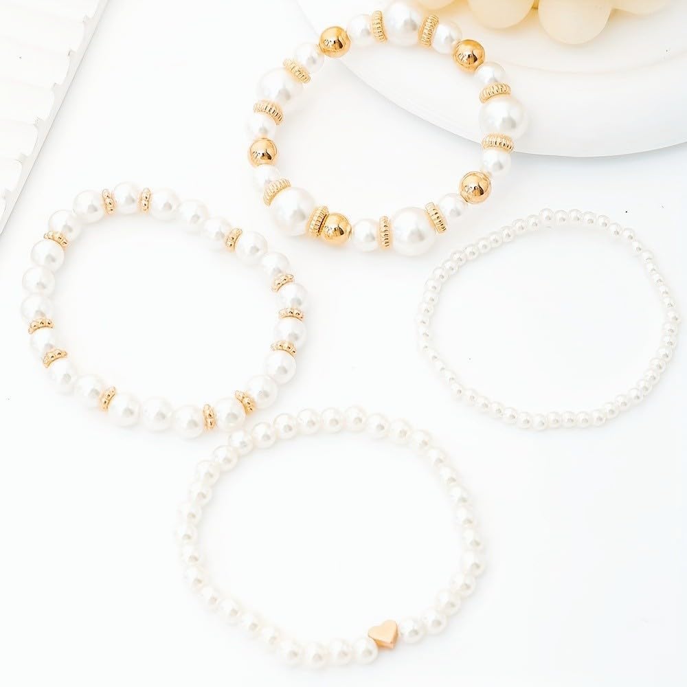 Gold/Silver-Fashion Heart Pearl Layered Bracelet Set, Elegant Stackable Beaded Hand Jewelry for Women