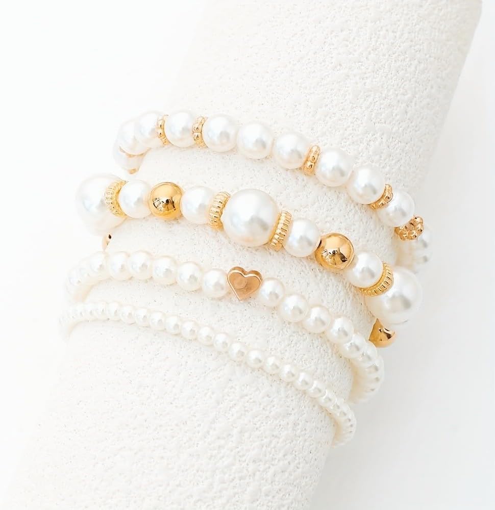 Gold/Silver-Fashion Heart Pearl Layered Bracelet Set, Elegant Stackable Beaded Hand Jewelry for Women