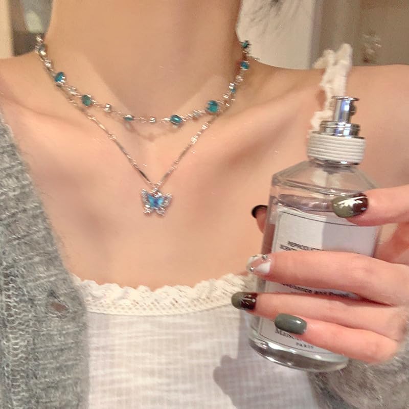 2Pcs/set Blue Butterfly Zircon Necklace Women Versatile Clavicle Chain Double Layer Necklaces Fashion Accessories