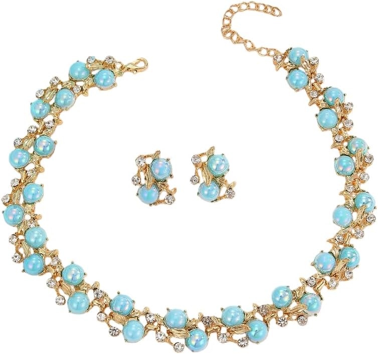 2 Pcs Women Jewelry Set,Beaded Necklace & Earring Set,Adjustable Chain,Blue