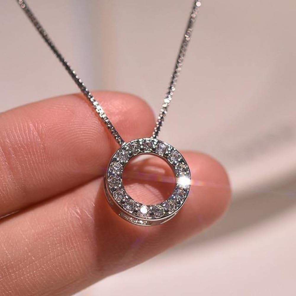 Trendy Circle Necklace with Shiny CZ Simple Stylish Wedding Party Jewelry