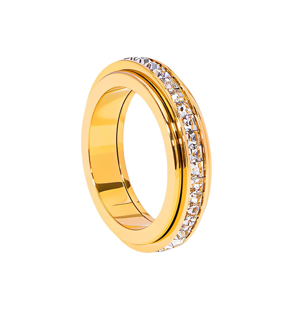 Pingyongchang Titanium Steel Spinner Fidget Band Rings for Women Men Cubic Zirconia Rotatable Anxiety Relief Ring Wedding Promise Statement Jewelry Sizes 5-12