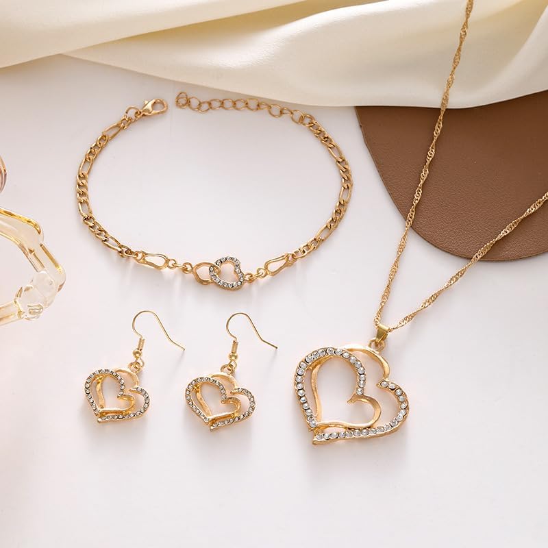 4PCS/Pack Luxury Double Heart Jewelry Set for Women, Hollow Big & Small Heart Crystal Zircon Necklace Earrings Bracelet Set, Elegant Gold Wedding Jewelry Valentine's Day Gifts
