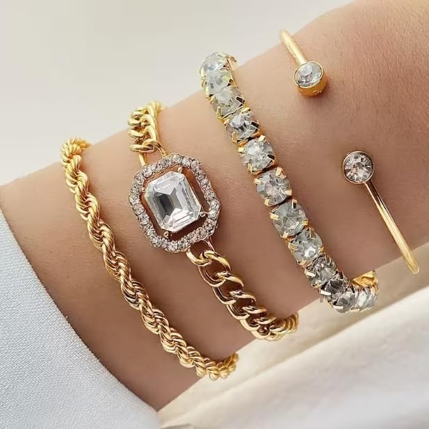 4 Pcs Silver Plated Stackable Bracelets Set for Women Cubic Zirconia Tennis Rope Chain Layering Bangle Adjustable Jewelry