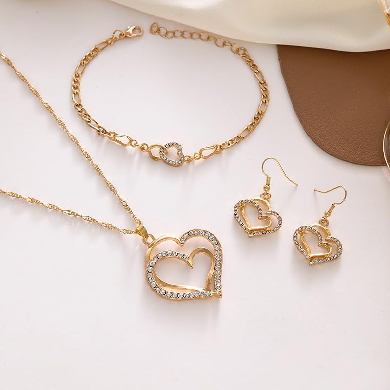 4PCS/Pack Luxury Double Heart Jewelry Set for Women, Hollow Big & Small Heart Crystal Zircon Necklace Earrings Bracelet Set, Elegant Gold Wedding Jewelry Valentine's Day Gifts