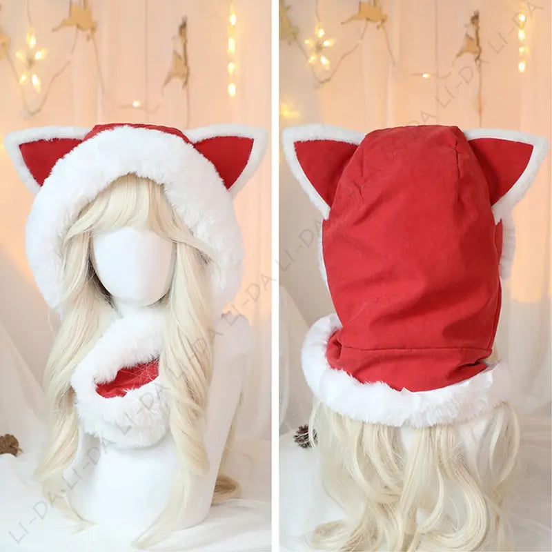 Cute Cat Ears Scarf Hood - Plush Faux Fur Women's Winter Hat with Thermal Lined Ears & Neck Warmer for Christmas Festival