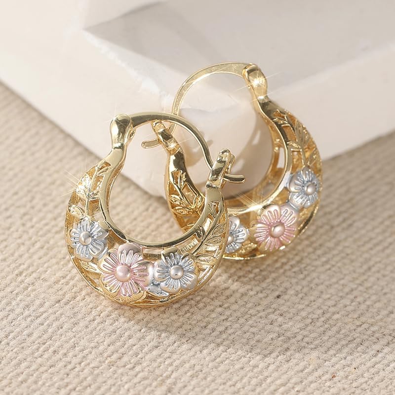 1 Pair of Elegant and Simple Flower Carved Golden Leaf Hoop Earrings, Elegant and Luxurious Women's Jewelry, Suitable for Daily Party and Gathering Accessories,Perfect Holiday Gift