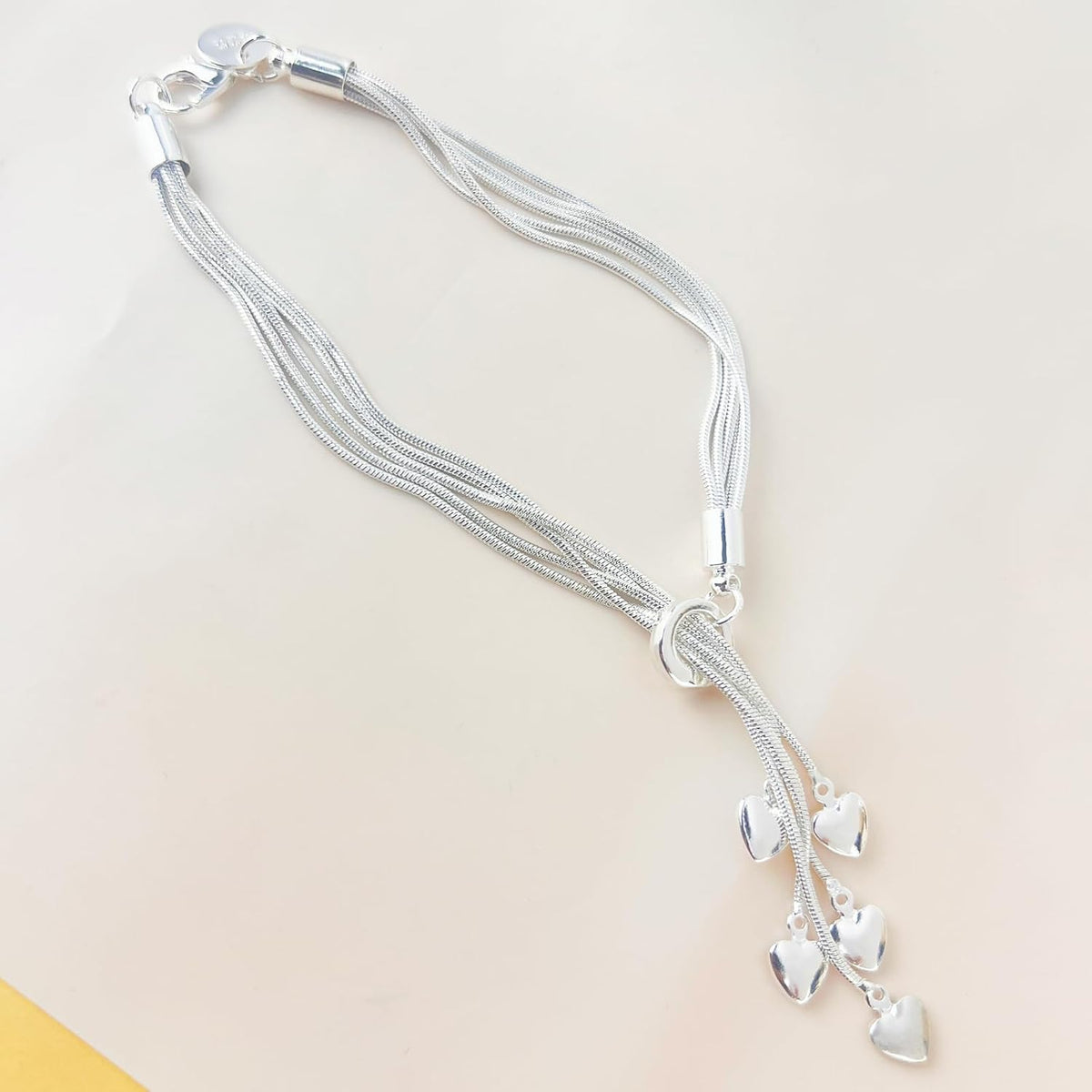 Delicate 5-Line 925 Sterling Silver Bracelet & Heart Charm Stacking Set