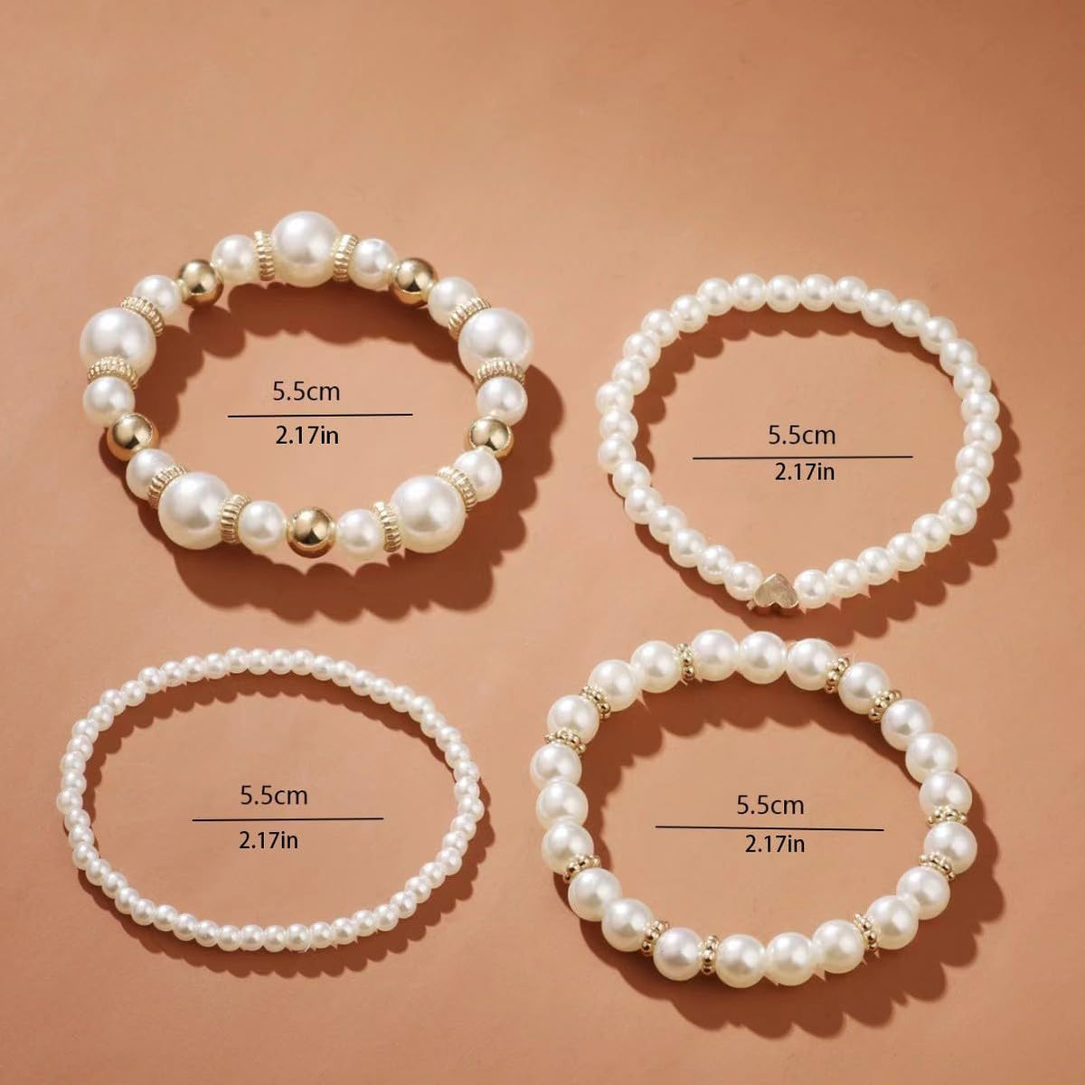 Gold/Silver-Fashion Heart Pearl Layered Bracelet Set, Elegant Stackable Beaded Hand Jewelry for Women
