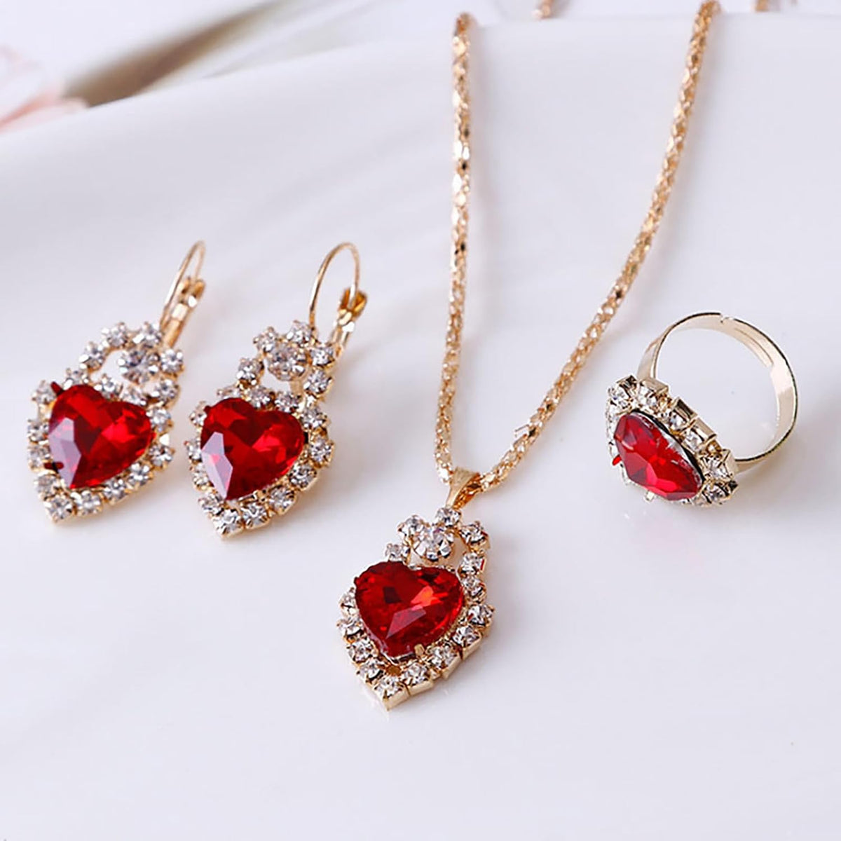 Women Earrings Necklace Ring Set Heart Pendant Lightweight Jewelry Set for Women