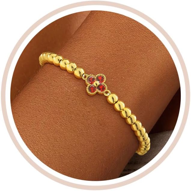 Birthstone Gold Bracelets for Women Non Tarnish Elastic 14K Gold Plated Bead Bracelets Trendy CZ Clover Bracelet Stackable Friendship Bracelets Dainty Jewelry Gifts for Mom Best Friend