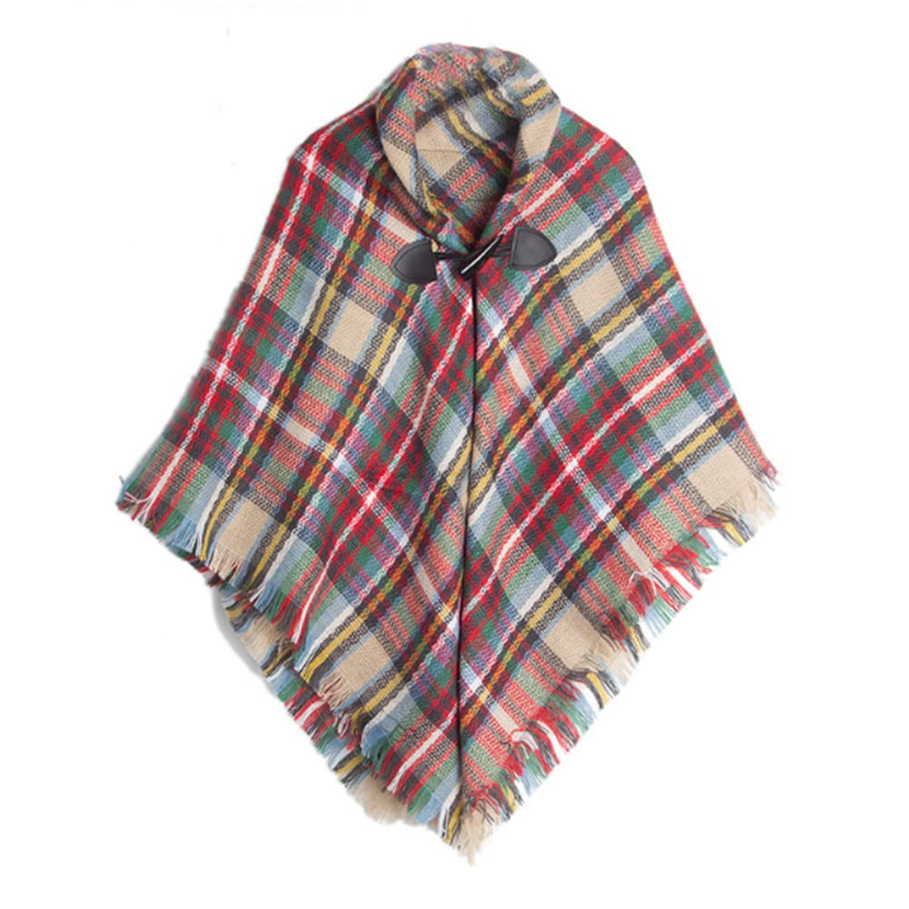 Proumhang Girls Tartan Scarf With horn buckle,Plaid Wrap,Poncho Cape Shawl For Kids,Winter Warm Scarves,One Size