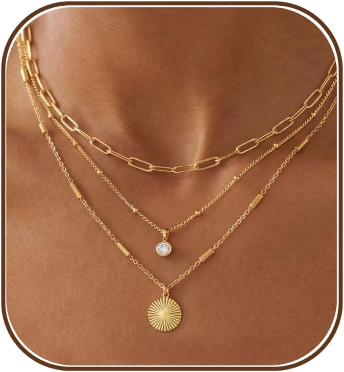 Layered Necklaces for Women Trendy,Gold Necklace Stack 14K Gold Plated Layering Pendant Necklace Set Statement Necklaces for Women Waterproof Gold Jewelry