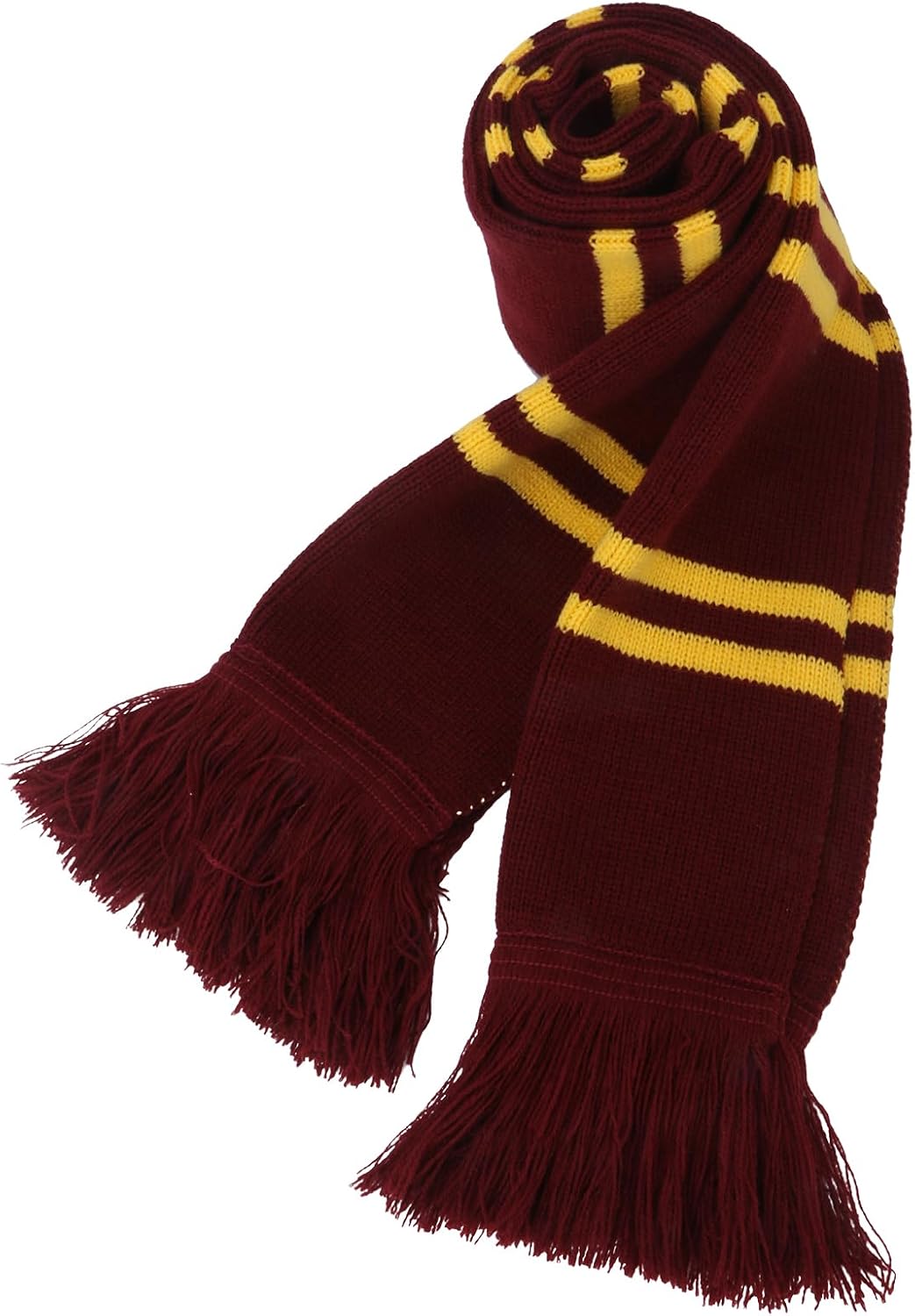 Burgundy and Gold Striped Knit Scarf – Soft Acrylic Winter Scarf for Women, Men, Kids – Classic Magic College Style for Halloween Cosplay, Fall Parties, Wizard Costume Accessory