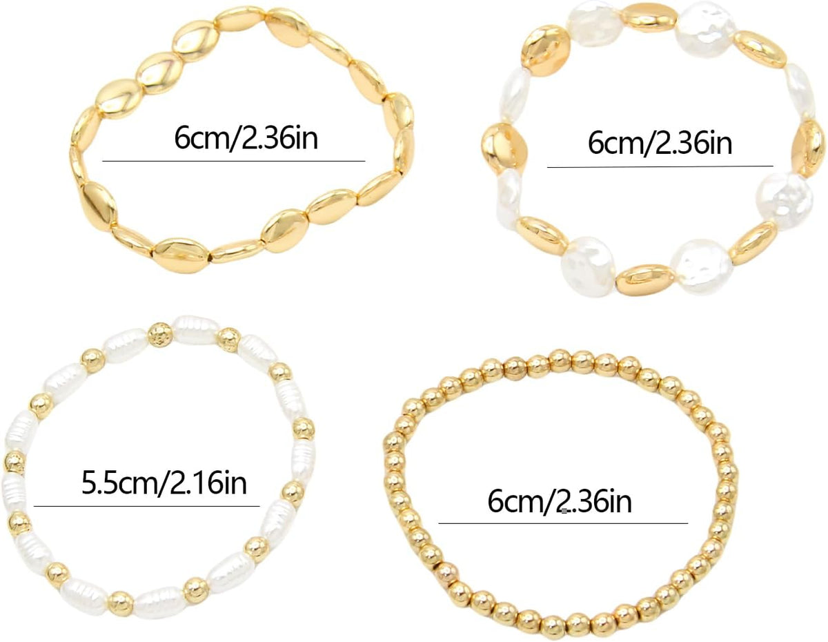 4 Sets Stackable Gold Plated Bracelets – Acrylic Pearl Stretch Multilayered Bracelet Set for Women, Multi Style Jewelry Gift
