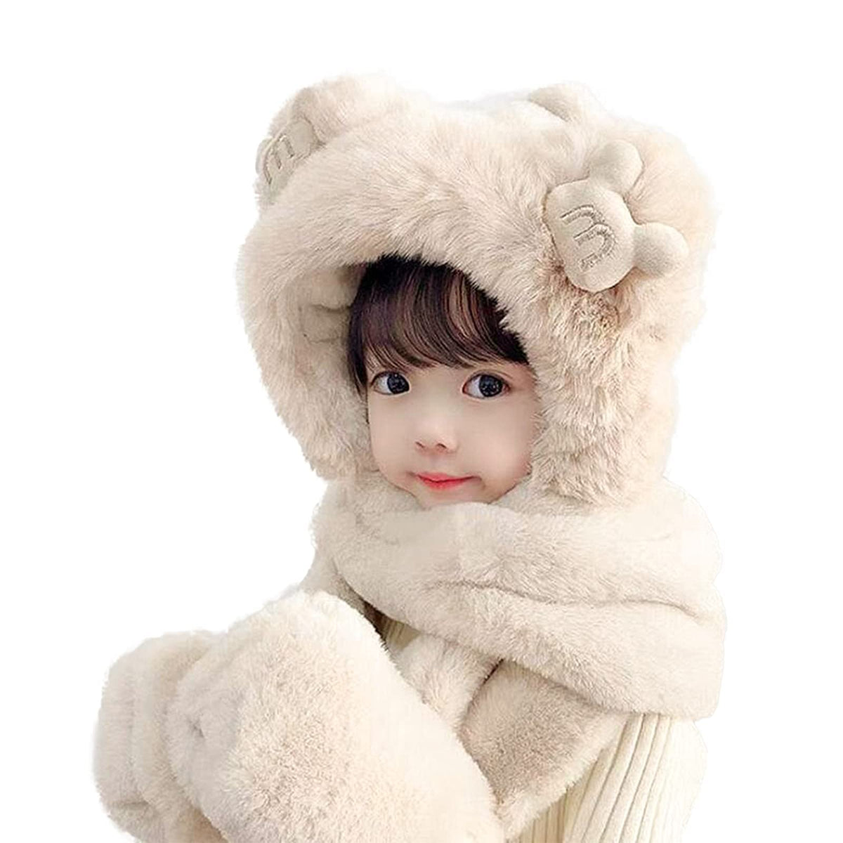 Kids Winter Hat Scarf Mittens 3 in 1 Faux Fur Hat Hooded Scarf Earflap Cap Neck Warmer Fuzzy Hoodie Ski Snow Cap Gloves Set