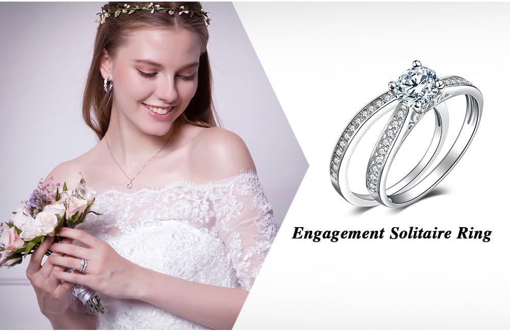 JewelryPalace 1ct Simulated Diamond Engagement Rings for Women, 14k White Yellow Rose Gold Plated 925 Sterling Silver Promise Rings for her, Cubic Zirconia Anniversary Wedding Eternity Band Ring Set