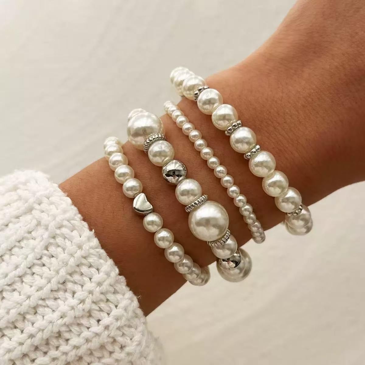 Gold/Silver-Fashion Heart Pearl Layered Bracelet Set, Elegant Stackable Beaded Hand Jewelry for Women