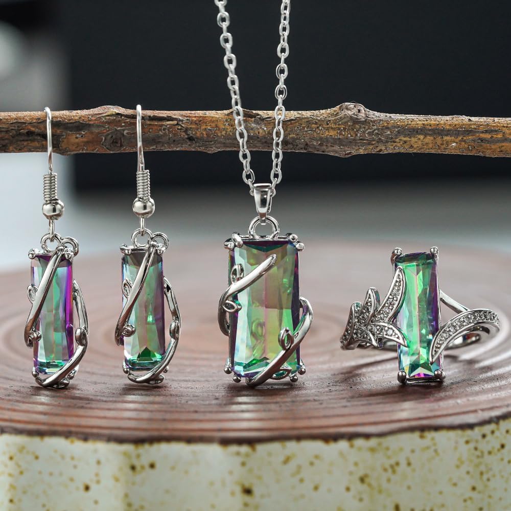 Fancy Multicolored Rectangular CZ Necklace Earrings Ring Chic Jewelry Set