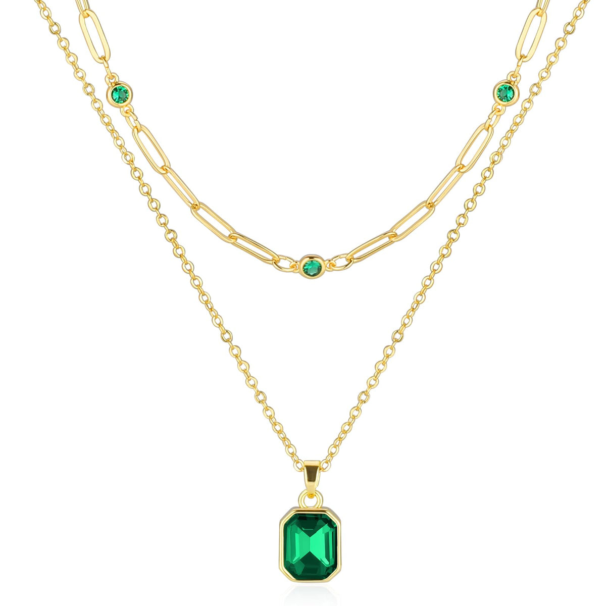 Gold Layered Necklaces for Women, 18k Gold Plated Crystal Necklace Paperclip Choker Emerald Green Jewelry for Women Gifts