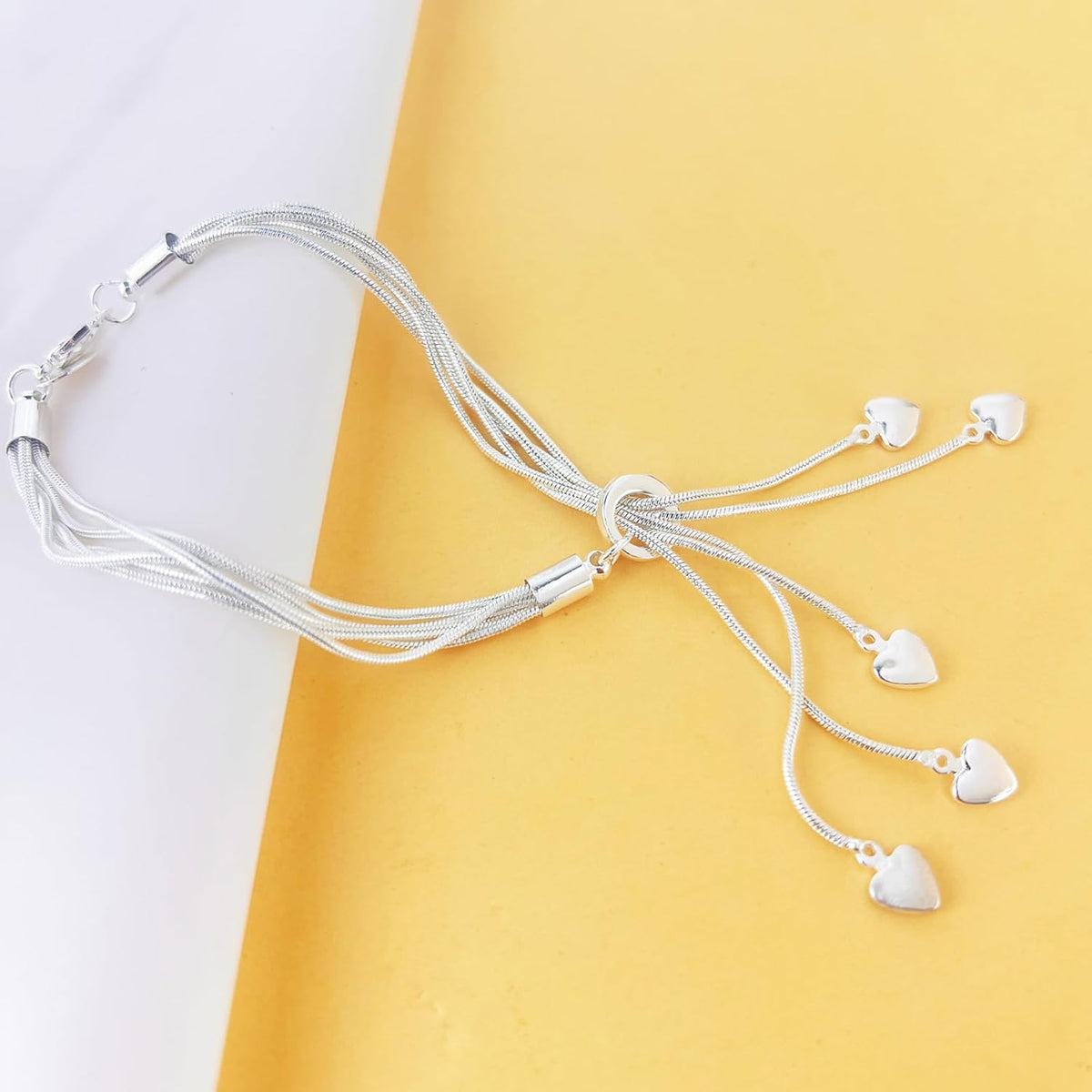 Delicate 5-Line 925 Sterling Silver Bracelet & Heart Charm Stacking Set
