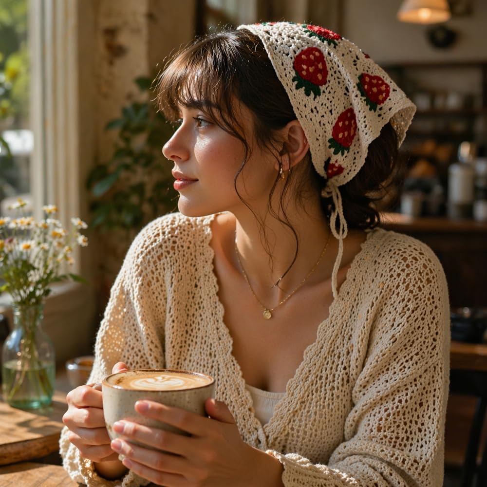 6Pcs Crochet Bandanas for Women, Knitted Floral Headscarf Daisy Pattern Retro Boho Hair Scarf for Girls, Cute Granny Square Headwrap Hand Knit Hair Accessories Set