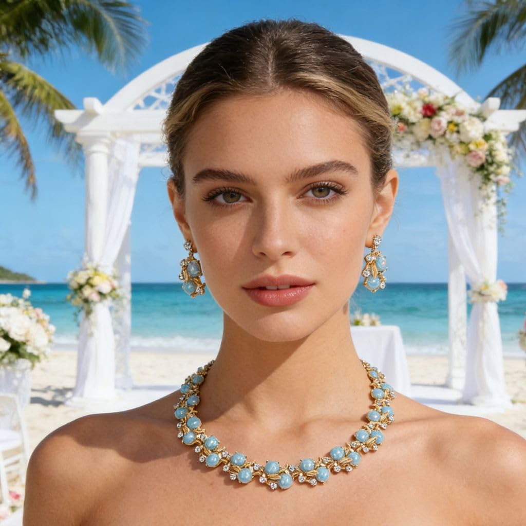 2 Pcs Women Jewelry Set,Beaded Necklace & Earring Set,Adjustable Chain,Blue