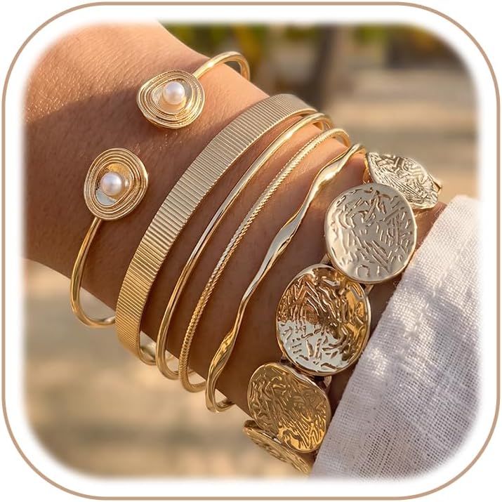 5Pcs Gold Bangle Bracelets for Women, Chunky Stackable Cuff Bracelet Set