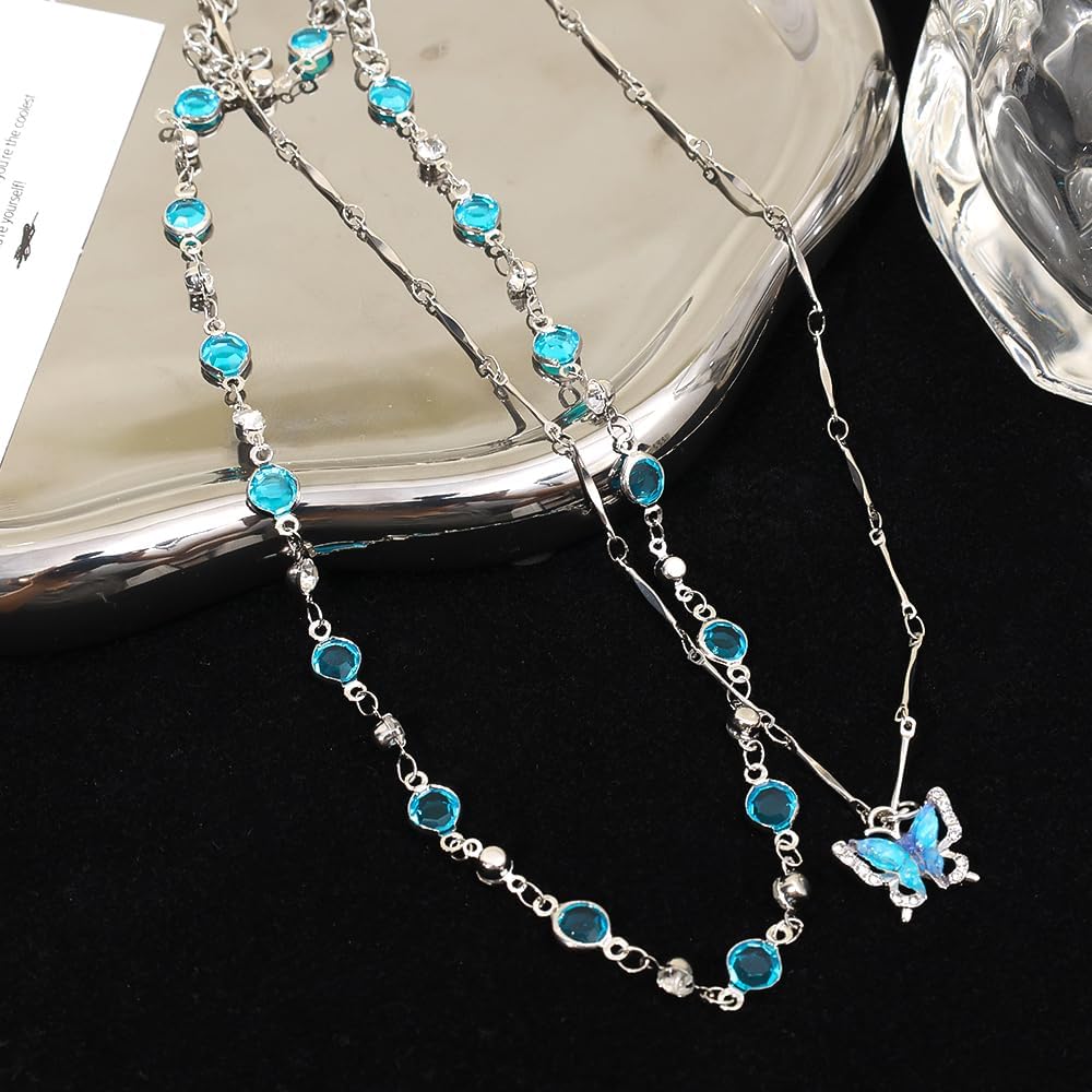 2Pcs/set Blue Butterfly Zircon Necklace Women Versatile Clavicle Chain Double Layer Necklaces Fashion Accessories