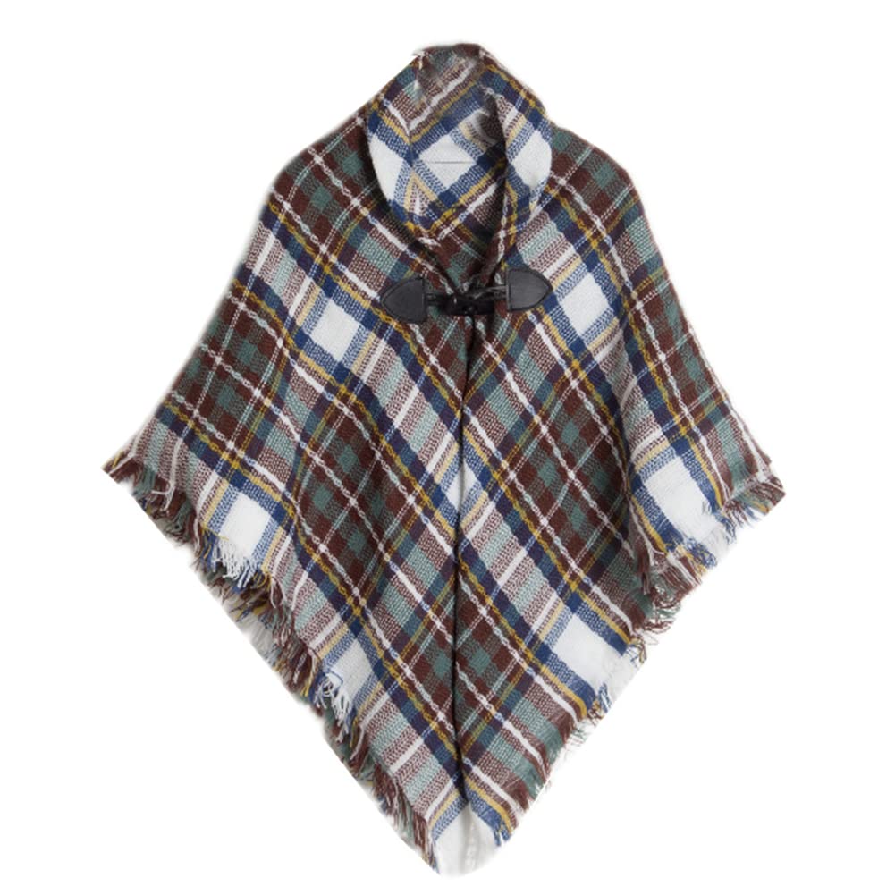 Proumhang Girls Tartan Scarf With horn buckle,Plaid Wrap,Poncho Cape Shawl For Kids,Winter Warm Scarves,One Size