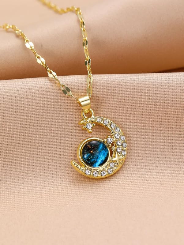 1PCS Gold Necklace, Blue Gemstone Star Pendant, Gold Tone Chain Jewelry for Women, Elegant Moon and Star Necklaces, Fashion Accessory for Special Events