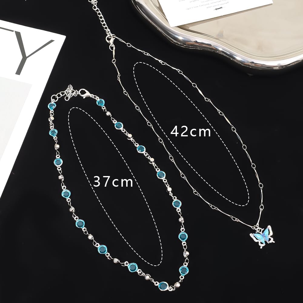 2Pcs/set Blue Butterfly Zircon Necklace Women Versatile Clavicle Chain Double Layer Necklaces Fashion Accessories