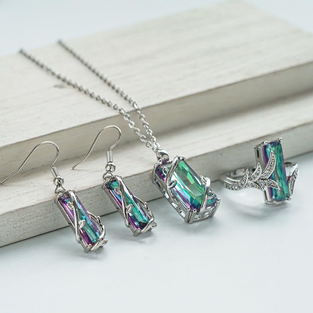 Fancy Multicolored Rectangular CZ Necklace Earrings Ring Chic Jewelry Set