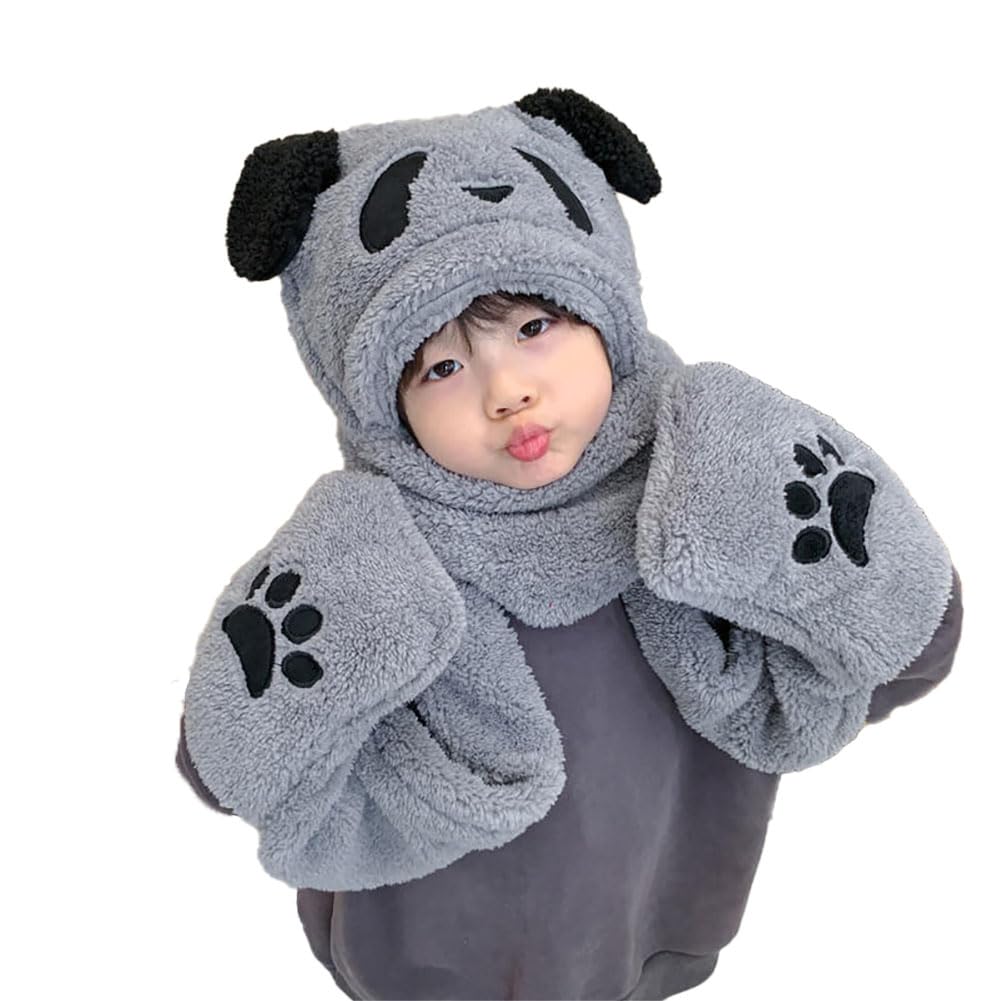 Winter Hat Gloves Scarf Set for Kids Cute Panda Movable Ears Warm Hood