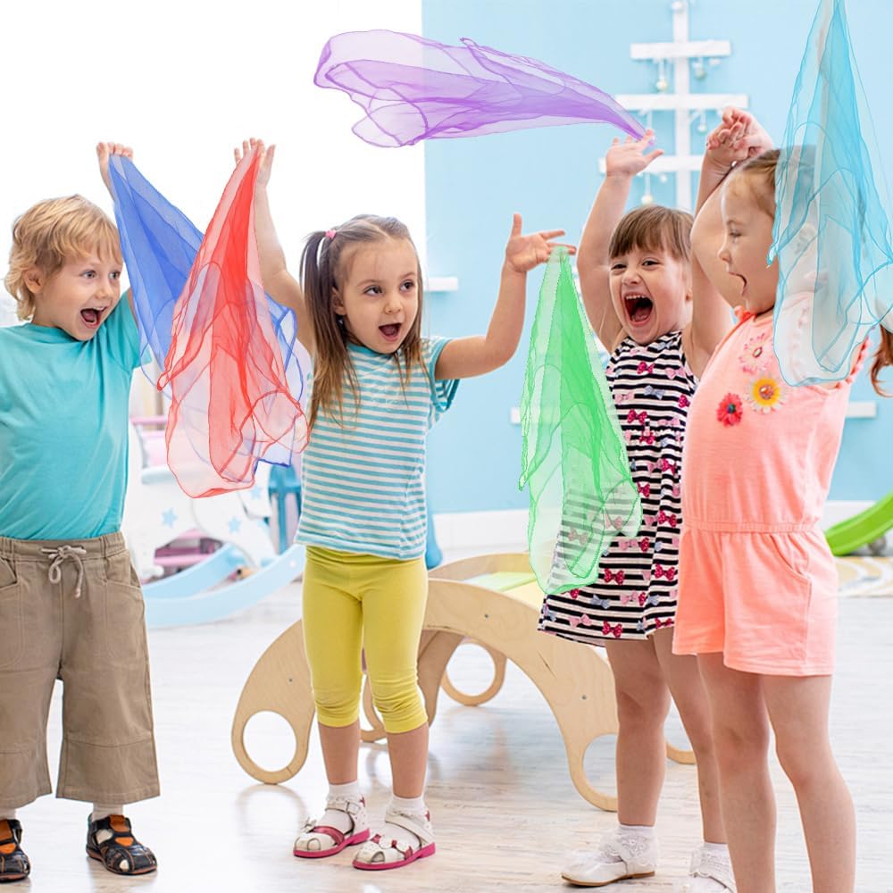 Juggling Scarves, Dance Scarves for Kids Play 12 PCS Square Silk Scarf Music Performance Props for Toddlers Children