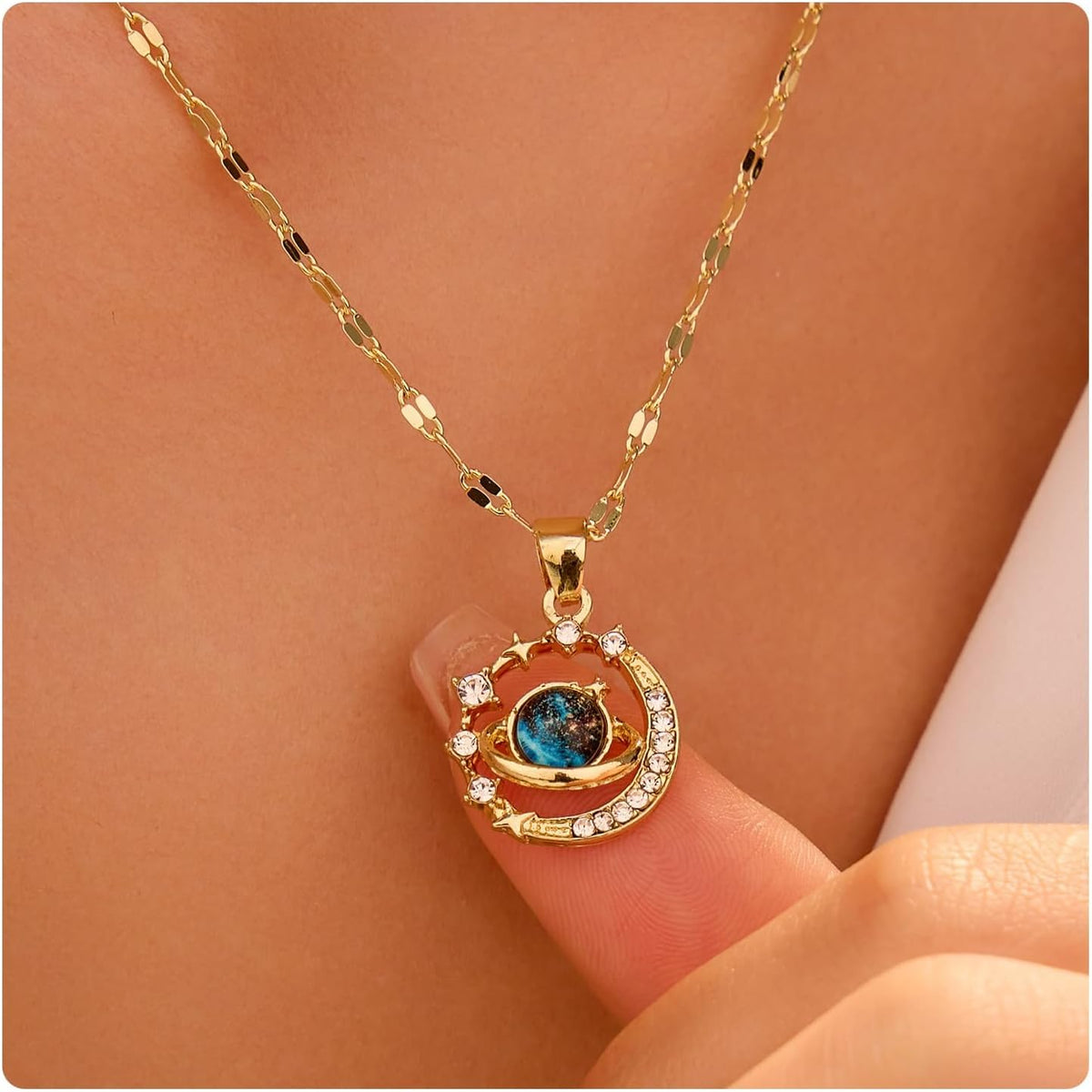 1PCS Gold Necklace, Blue Gemstone Star Pendant, Gold Tone Chain Jewelry for Women, Elegant Moon and Star Necklaces, Fashion Accessory for Special Events