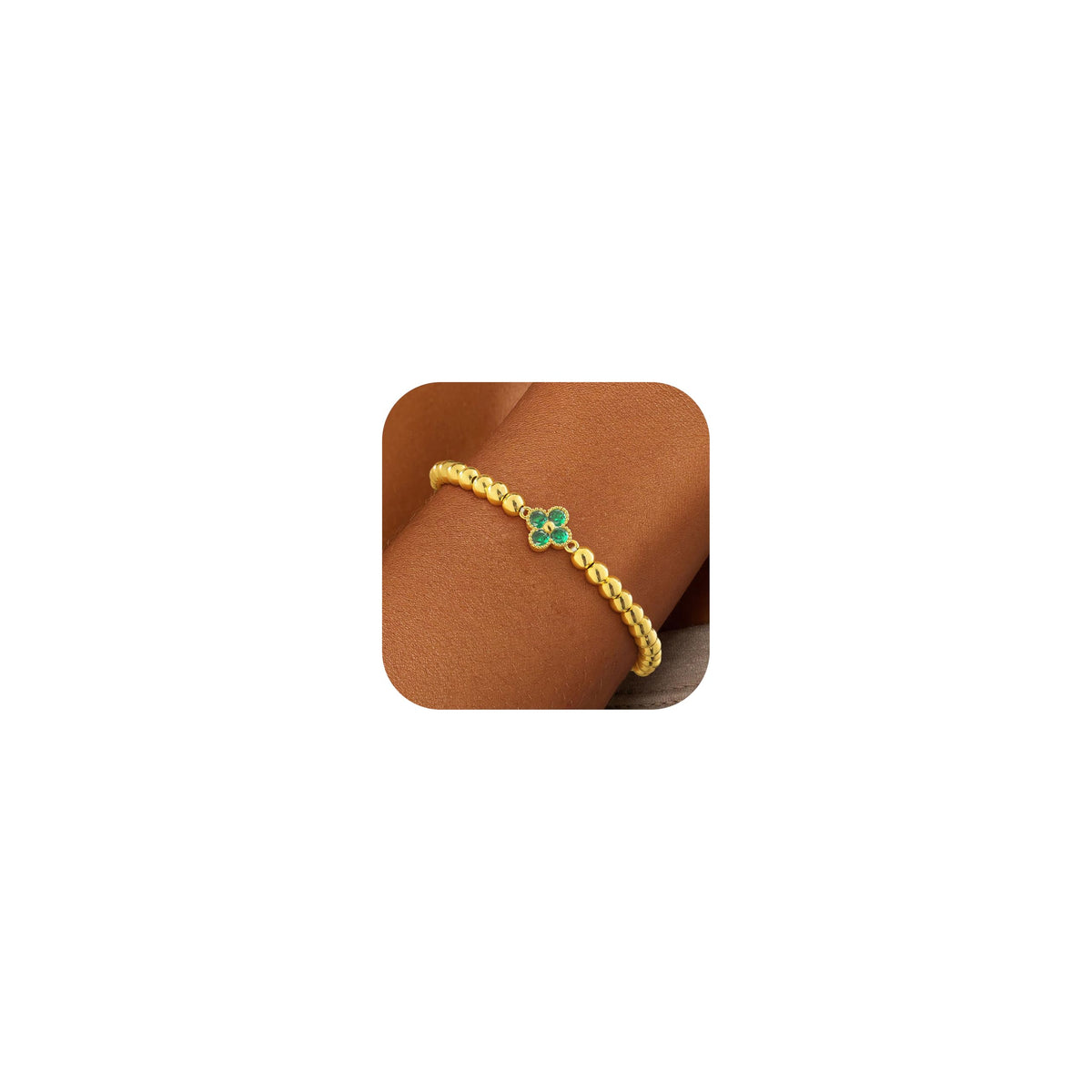 Birthstone Gold Bracelets for Women Non Tarnish Elastic 14K Gold Plated Bead Bracelets Trendy CZ Clover Bracelet Stackable Friendship Bracelets Dainty Jewelry Gifts for Mom Best Friend