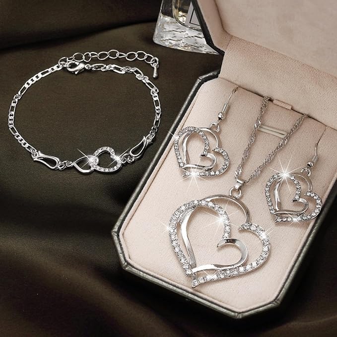 4PCS/Pack Luxury Double Heart Jewelry Set for Women, Hollow Big & Small Heart Crystal Zircon Necklace Earrings Bracelet Set, Elegant Gold Wedding Jewelry Valentine's Day Gifts
