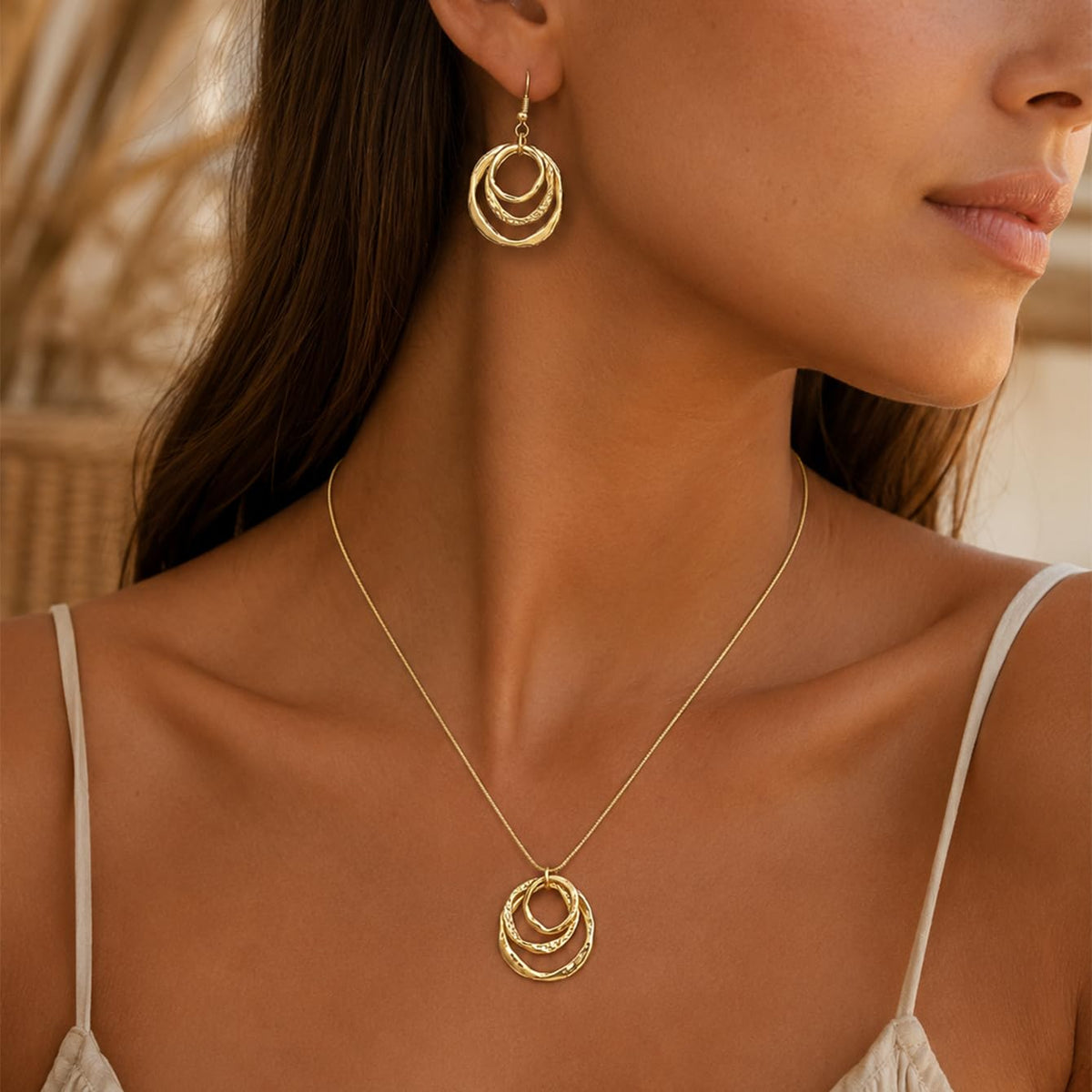 14K Gold Plated Geometric Square Circle Jewelry Set Snake Chain Pendant Necklace Hollow Square Stud Earrings Minimalist Modern Daily Casual Women Accessories