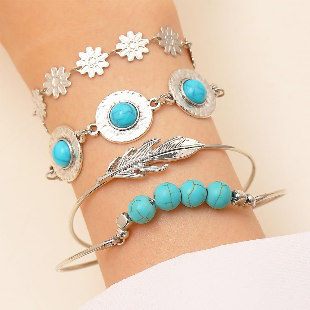 5Pcs Bracelet Chain for Women Turquoise Bracelets Sterling Fashion Wristband Chain Floral and Leaf Bangle
