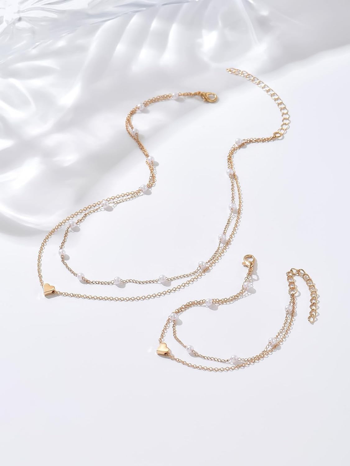 Gold Heart Beaded Layered Necklace and Bracelet Set for Women