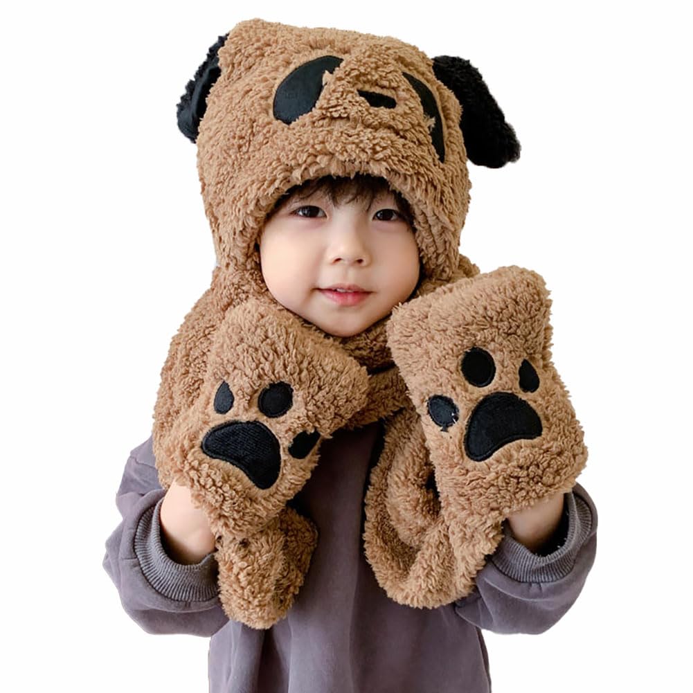 Winter Hat Gloves Scarf Set for Kids Cute Panda Movable Ears Warm Hood