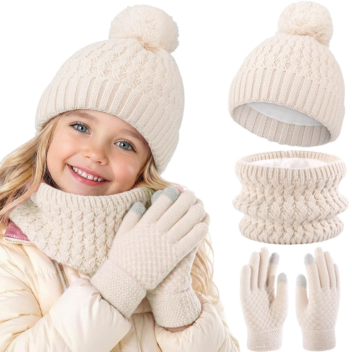 BQUBO Kids Winter Hat Gloves Scarf Set, Unisex Children Beanie Hat with Pom