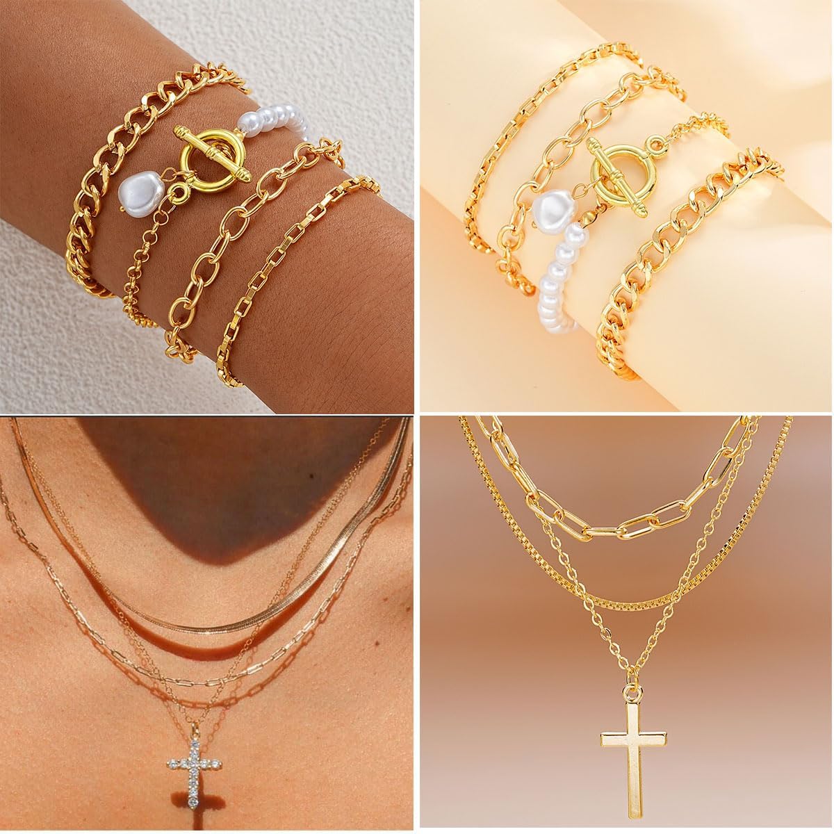 120PCS Gold Jewelry Sets For Women, With 7 Necklace,12 Bracelet,30pcs Hoop Earring,59pcs stud earrings and 12pcs cuff Ear Earrings Friendship for Happy Gifts