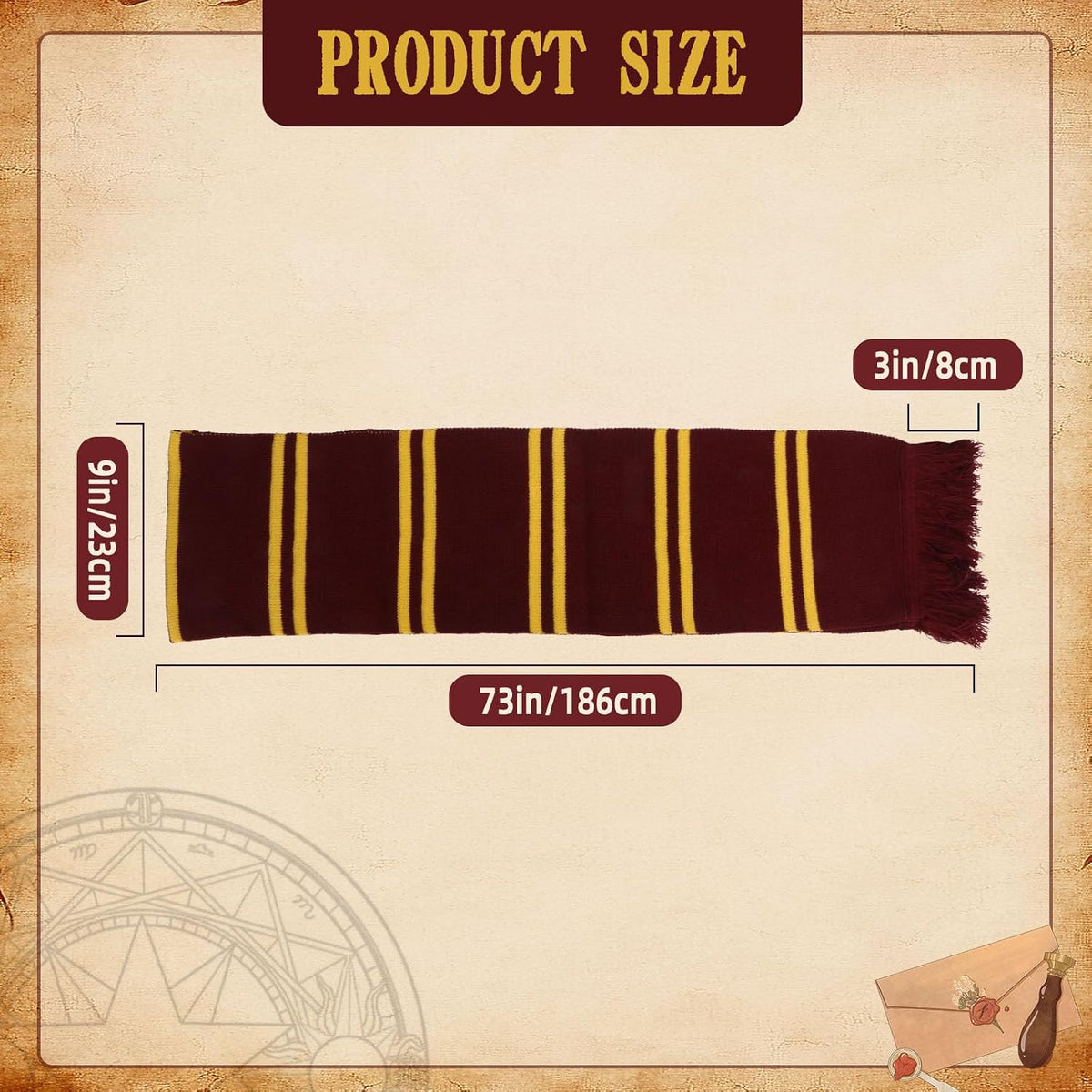 Burgundy and Gold Striped Knit Scarf – Soft Acrylic Winter Scarf for Women, Men, Kids – Classic Magic College Style for Halloween Cosplay, Fall Parties, Wizard Costume Accessory